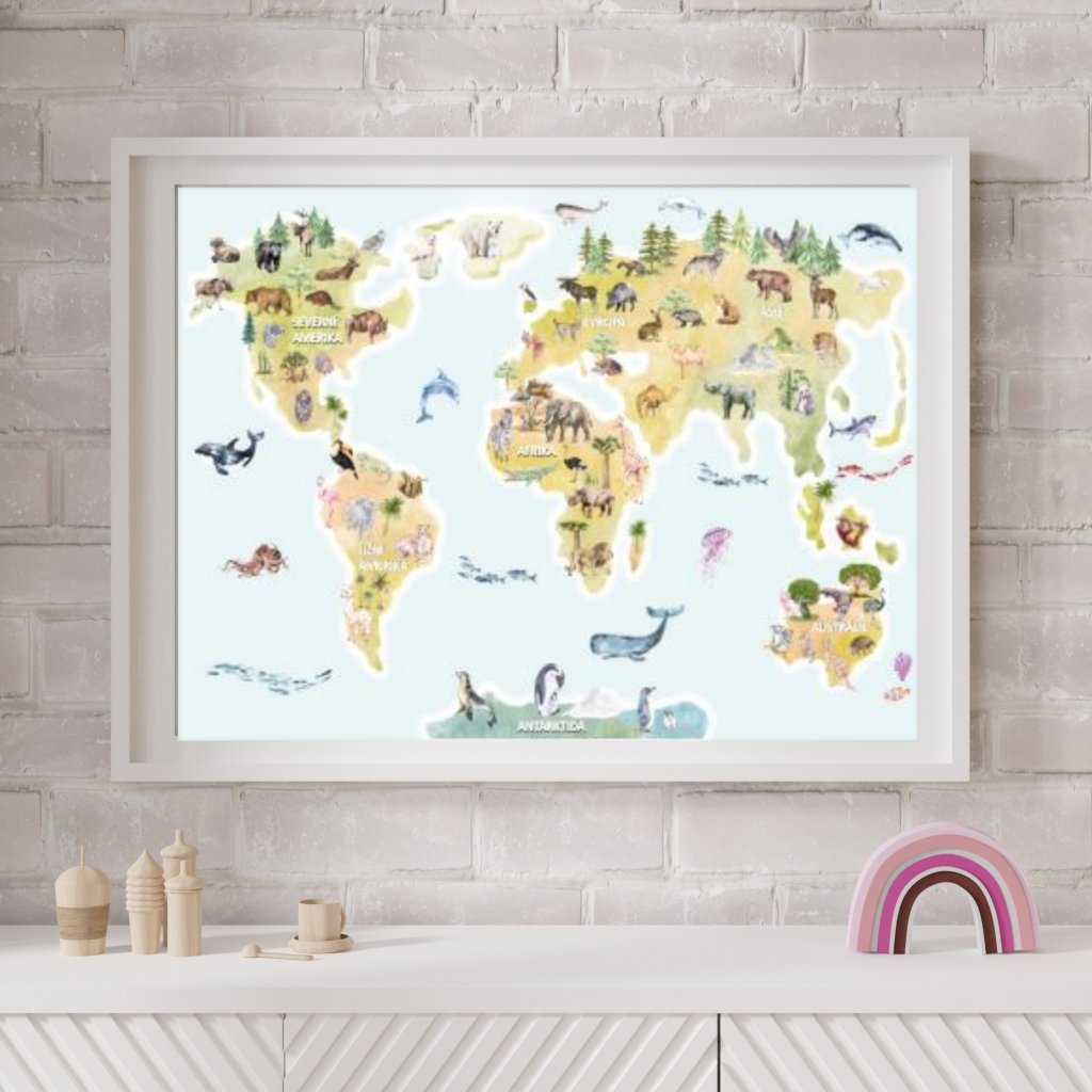 mapa zvirata sveta plakat na zed do detskeho pokoje