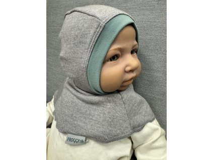Dětská merino kukla Blatné - šedý melír/mentolová modrá