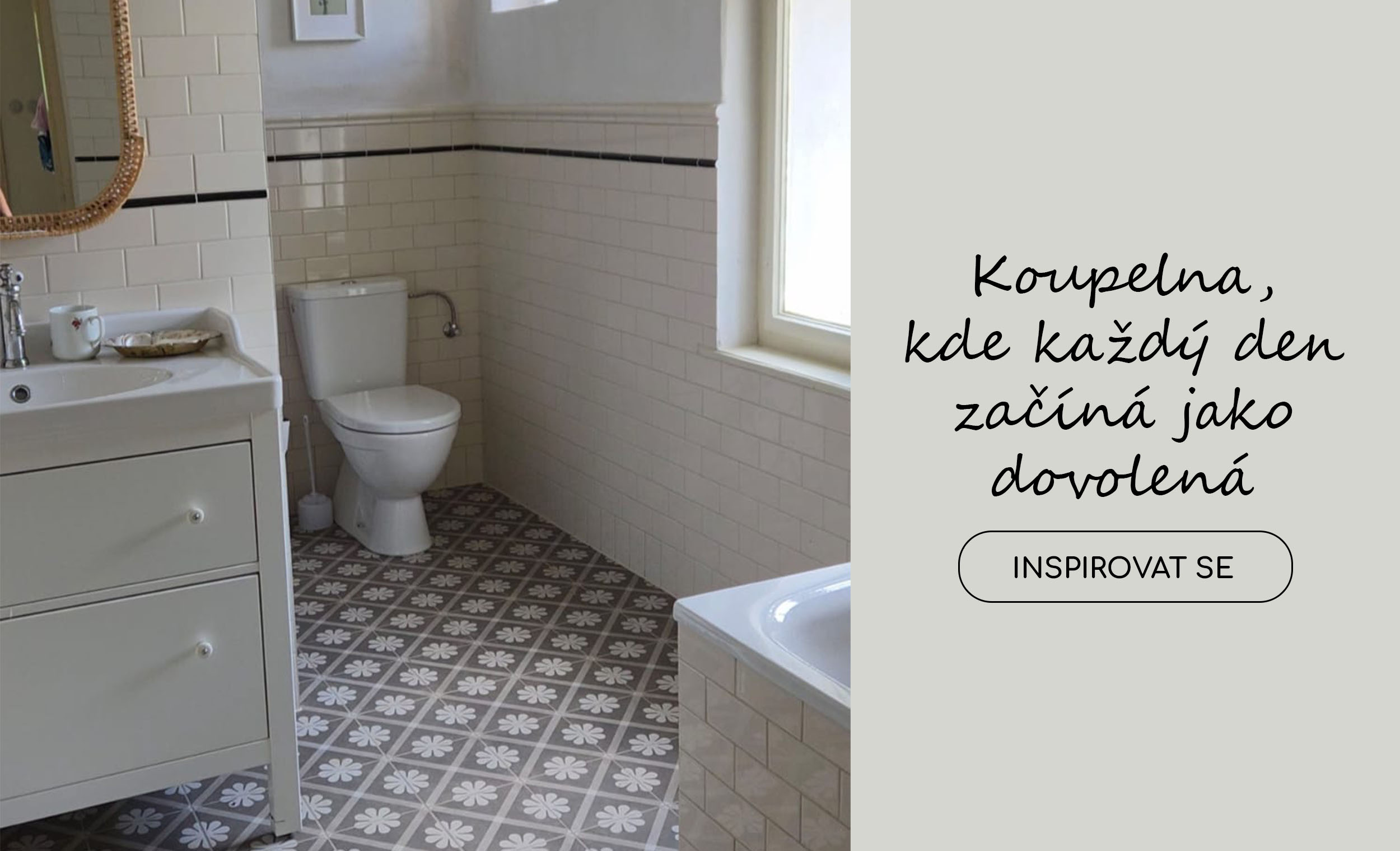Inspirace: retro koupelna s bílými obklady a dlažbou s květinovým dekorem