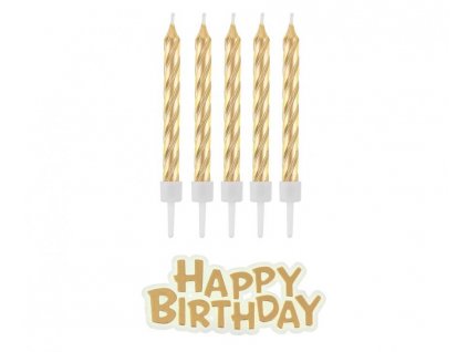 Dortové svíčky Happy Birthday zlaté 16ks
