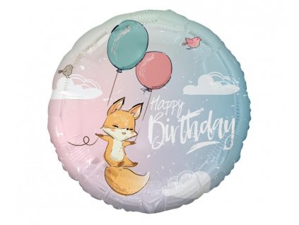 Fóliový balónek kruh Happy Birthday Liška s balónky