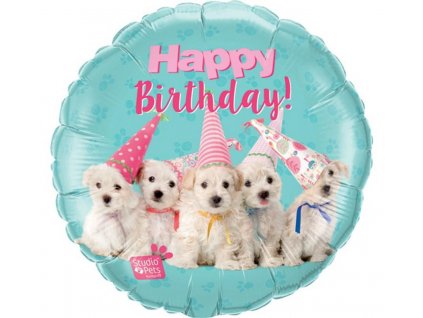 Fóliový balónek kruh Happy Birthday Štěňata