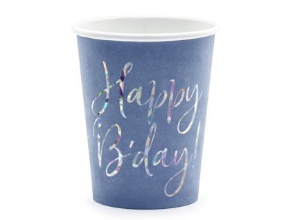 Papírové kelímky Happy Birthday modro stříbrné
