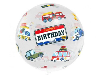 Fóliový balónek kruh průhledný Auta Happy Birthday