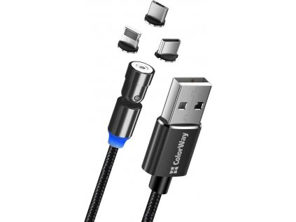 ColorWay kabel 3v1 USB - Lightning, microUSB a USB-C 1m, magnetický rotační
