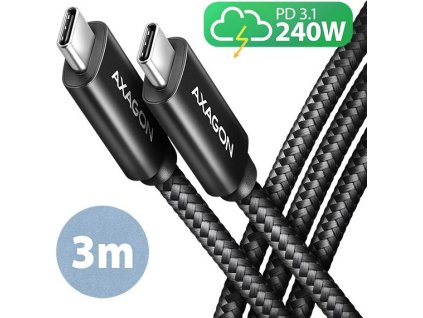 axagon bucm2 cm30ab charge kabel usb c usb c 3m hi speed usb pd 240w 5a alu oplet cerny ien491394