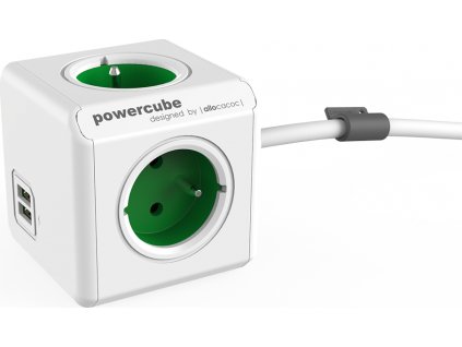 POWERCUBE multifunkční zásuvkový systém EXTENDED USB GREEN- kostka 4 zásuvky + 2x USB 1,5m kabel