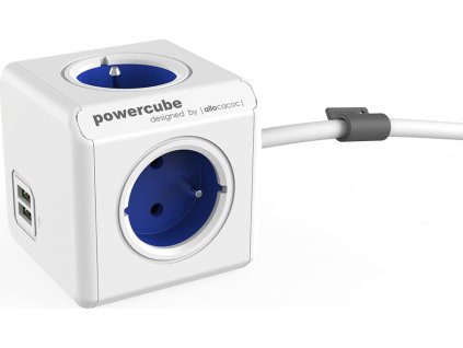 POWERCUBE multifunkční zásuvkový systém EXTENDED USB BLUE- kostka 4 zásuvky + 2x USB 1,5m kabel