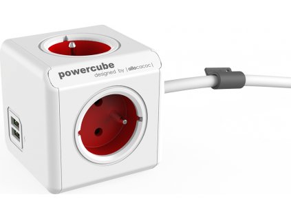 POWERCUBE multifunkční zásuvkový systém EXTENDED USB RED- kostka 4 zásuvky + 2x USB 1,5m kabel
