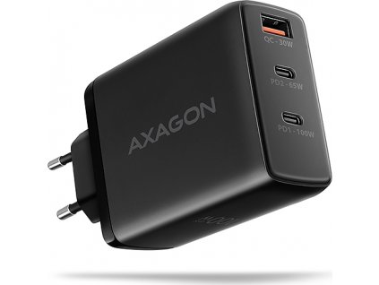 AXAGON ACU-DPQ100, GaN nabíječka do sítě 100W, 3x port (USB-A + dual USB-C), PD3.0/PPS/QC4+/Apple