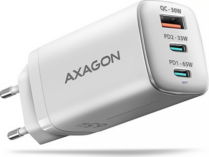 AXAGON ACU-DPQ65W, GaN nabíječka do sítě 65W, 3x port (USB-A + dual USB-C), PD3.0/QC4+/PPS/Apple