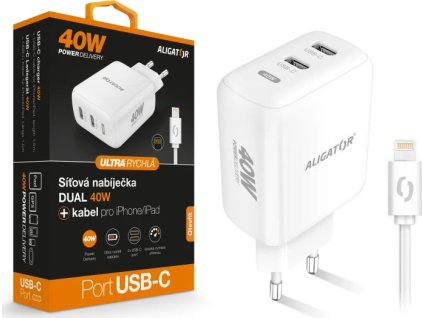 rychla nabijecka aligator pd 40w 2xusb c usb c lightning kabel bila ien552813