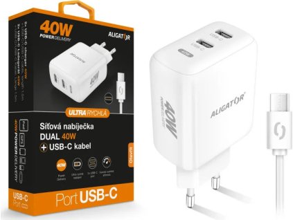rychla nabijecka aligator pd 40w 2xusb c usb c usb c kabel bila ien552812