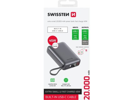 swissten power bank 20000 mah 45w s integrovanym kabelem usb c vesmirne stribrna ien555318