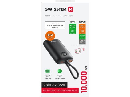 swissten power bank voltbox 35w 10000 mah s integrovanymi kabely usb c a lightning cerna ien555323