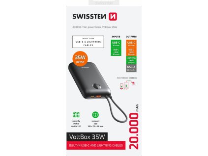 swissten power bank voltbox 35w 20000 mah s integrovanymi kabely usb c a lightning cerna ien555324