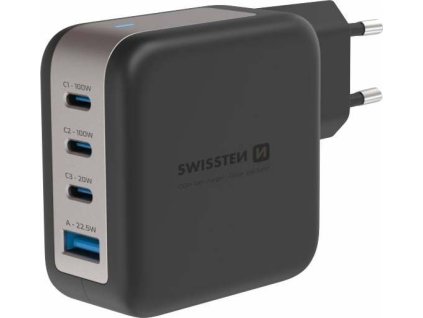 swissten sitovy adapter gan 3x usb c 100w pd 1x usb a 18w qc cerny ien571378