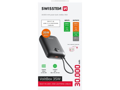 swissten power bank voltbox 35w 30000 mah s integrovanymi kabely usb c a lightning cerna ien555327