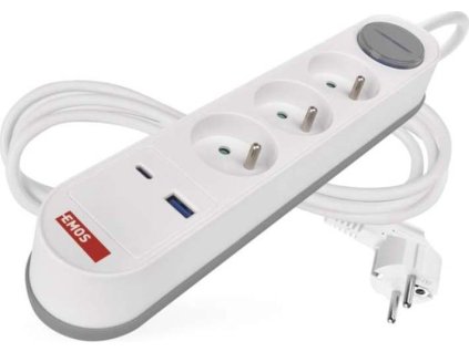 emos prodluzovaci kabel 2 m 3 zasuvky s vypinacem bilo sedy 1 usb a 1 usb c 1 5 mm2 ien554497