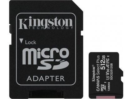 Kingston microSDXC 512GB Canvas Select Plus, UHS-I, U3, V30, čtení 100 MB/s, zápis 85MB/s) + SD adaptér