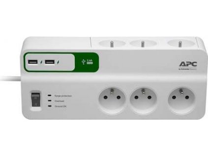 APC Essential SurgeArrest 6 outlets with 5V, 2.4A 2 port USB charger, 230V France - přepěťová ochrana 6 zásuvek 1,8m
