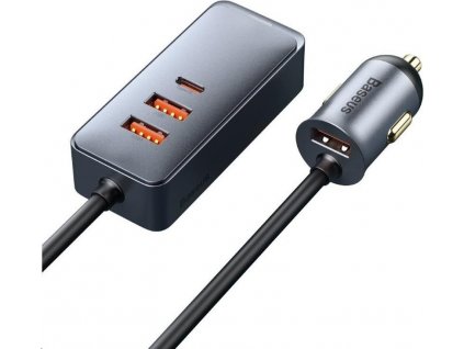 Baseus rychlo nabíječka do auta s prodlužovacím kabelem 3x USB-A, 1x Type-C 120W šedá