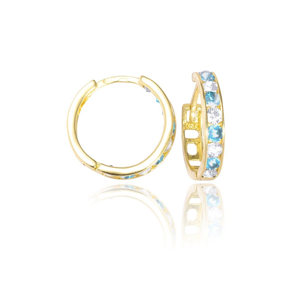 Zlaté náušnice kruhy s světle modrým a bílým kamenem