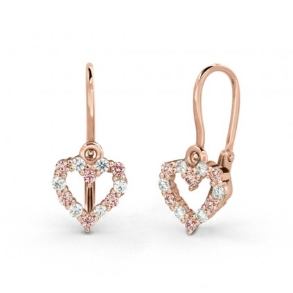 Zlaté náušnice srdíčka rosegold s růžovými zirkony