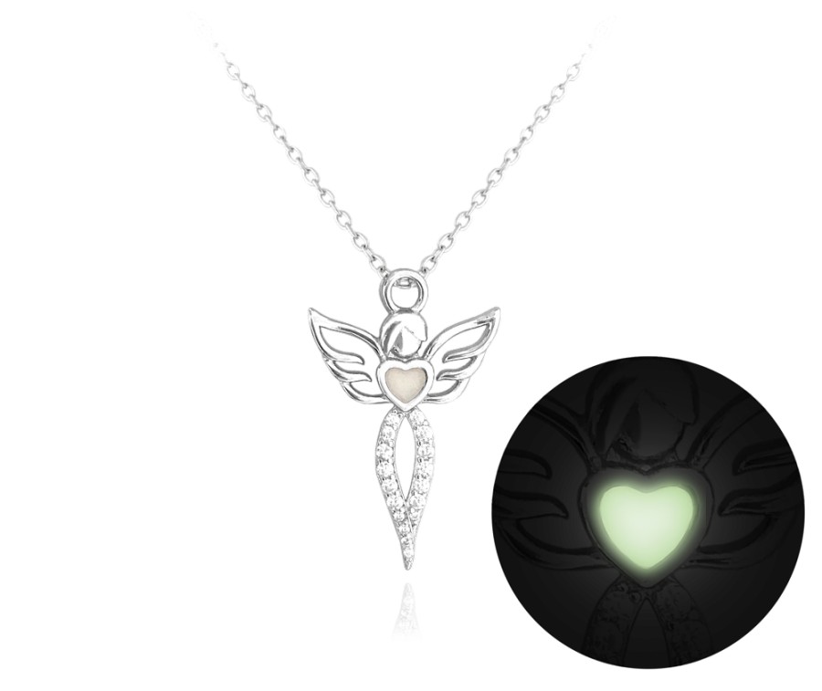 Svítící stříbrný náhrdelník anděl s čirými zirkony MINET JMAN0157SN45