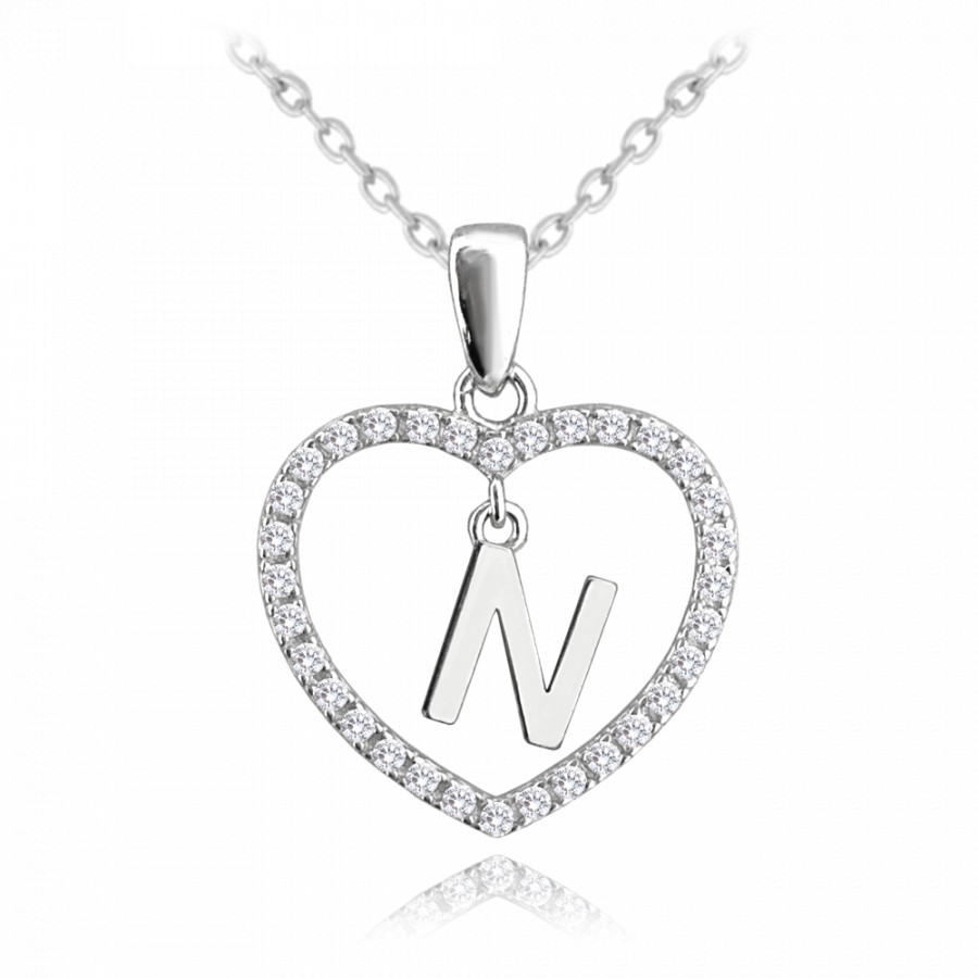 Minet Stříbrný náhrdelník písmeno v srdíčku "N" se zirkony JMAS900NSN45
