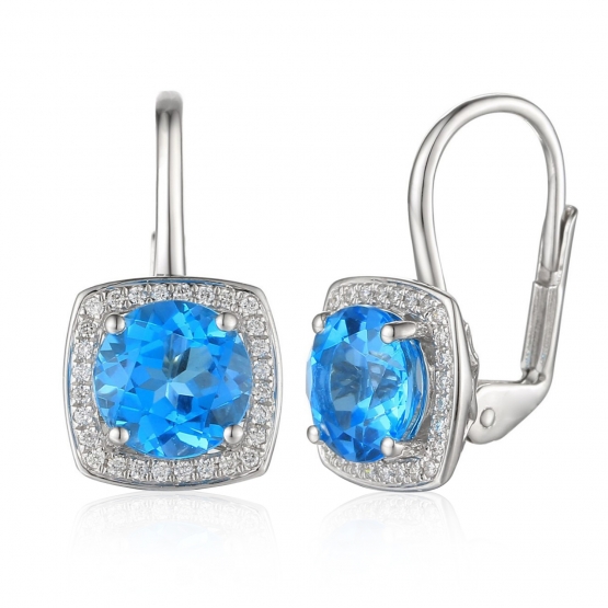 Luxusní diamantové náušnice s blue topazem bílé zlato