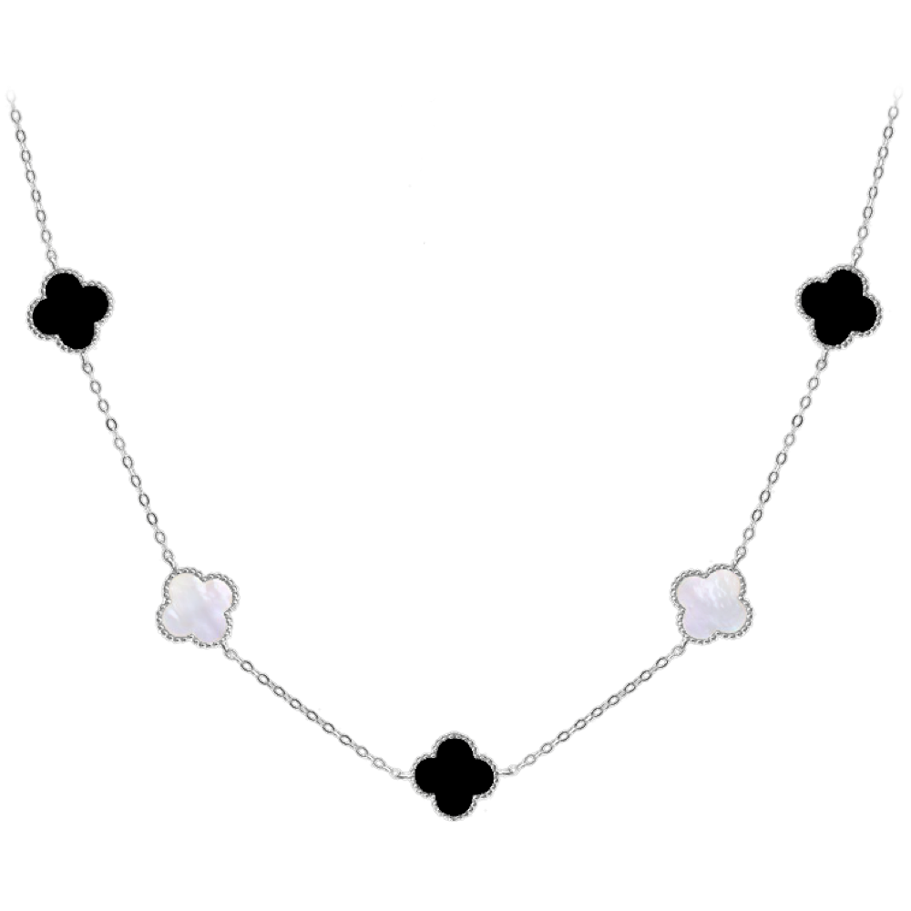 MINET Stříbrný náhrdelník ČTYŘLÍSTKY s bílou perletí a onyxem Ag 925/1000 11,70g