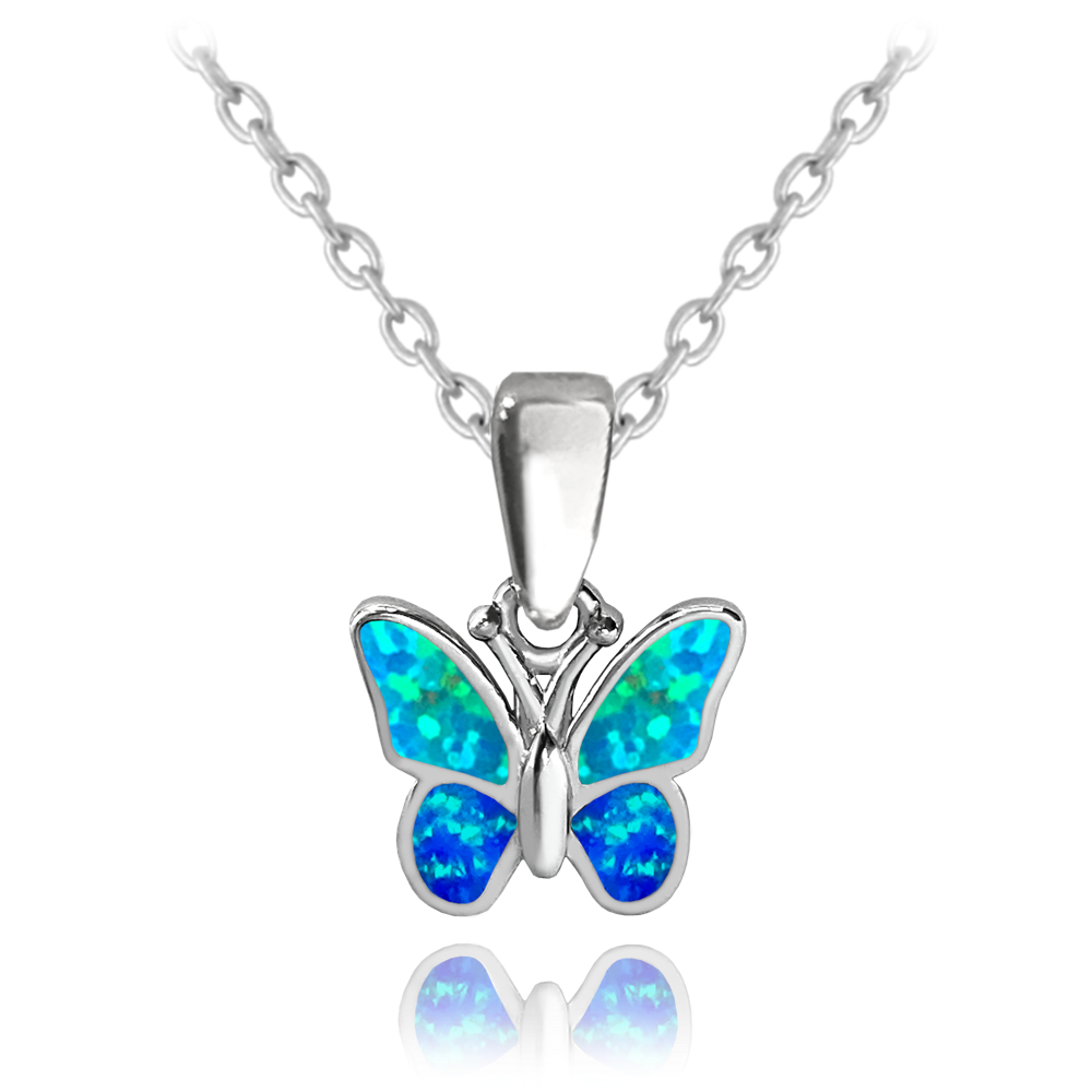 MINET Třpytivý stříbrný náhrdelník MOTÝLEK s modrým opálem