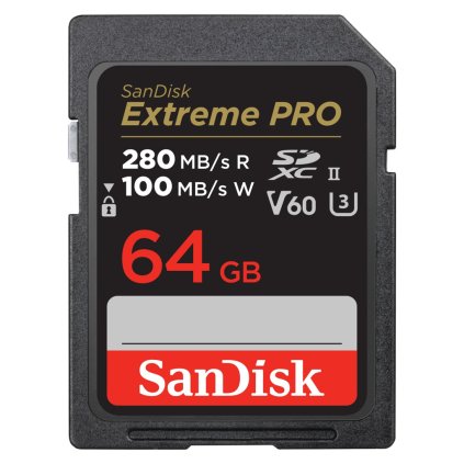 SanDisk Extreme PRO 64 GB V60 UHS-II SD cards, 280/100 MB/s,V60,C10,UHS-II