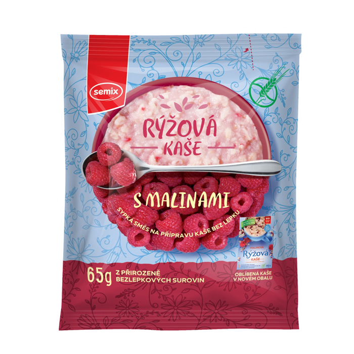 Kaše rýžová s malinami bezl. 65 g SEMIX