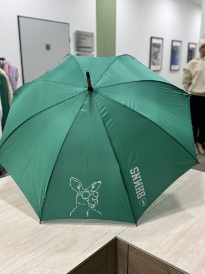 Deštník světle zelený - bílý klokan,nápis BHMNS a logo