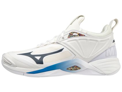 Unisex halová obuv Mizuno WAVE MOMENTUM 2 / Undyed White / Spellbound / Peace Blue (Velikost 50.0/14.0)