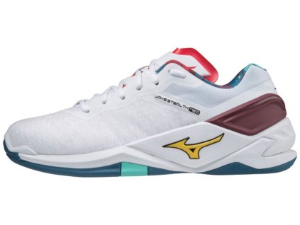 Unisex halová obuv Mizuno WAVE STEALTH NEO / White/High Visibility/Moroccan Blue (Velikost 36.5/4.0)