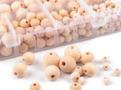Sada dřevěných korálků v boxu (Balení 1 sada, Varianta přírodní sv.)
