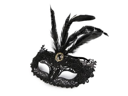 Karnevalová maska - škraboška krajková s peřím (Balení 1 ks, Varianta černá)
