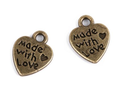 Přívěsek srdce 10x12 mm (Balení 10 ks, Varianta 1 (Made with love) platina s patinou)