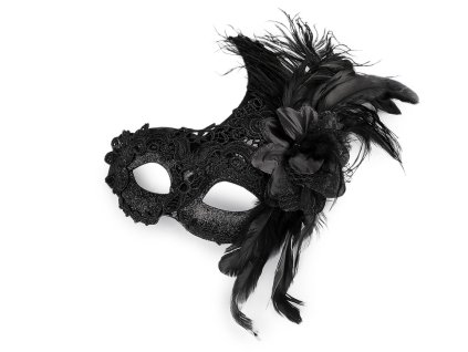 Karnevalová maska - škraboška krajková s peřím (Balení 1 ks, Varianta černá)