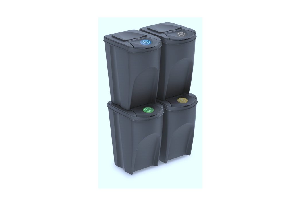 Sada 4 odpadkových košů SORTIBOX recyklovaná černá, objem 4x35L