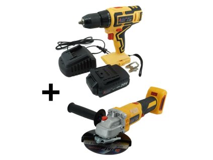 Aku vrtačka 20V 2,0Ah v kufru s úhlovou bruskou 125mm BRUSHLESS