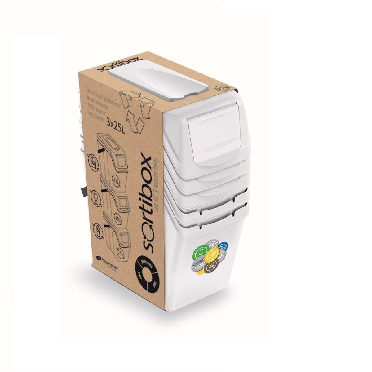 Sada 3 odpadkových košů SORTIBOX II popelavě šedá, objem 3x25L 2,5Kg GIGA Sklad 5 PPISWB25S3-427C