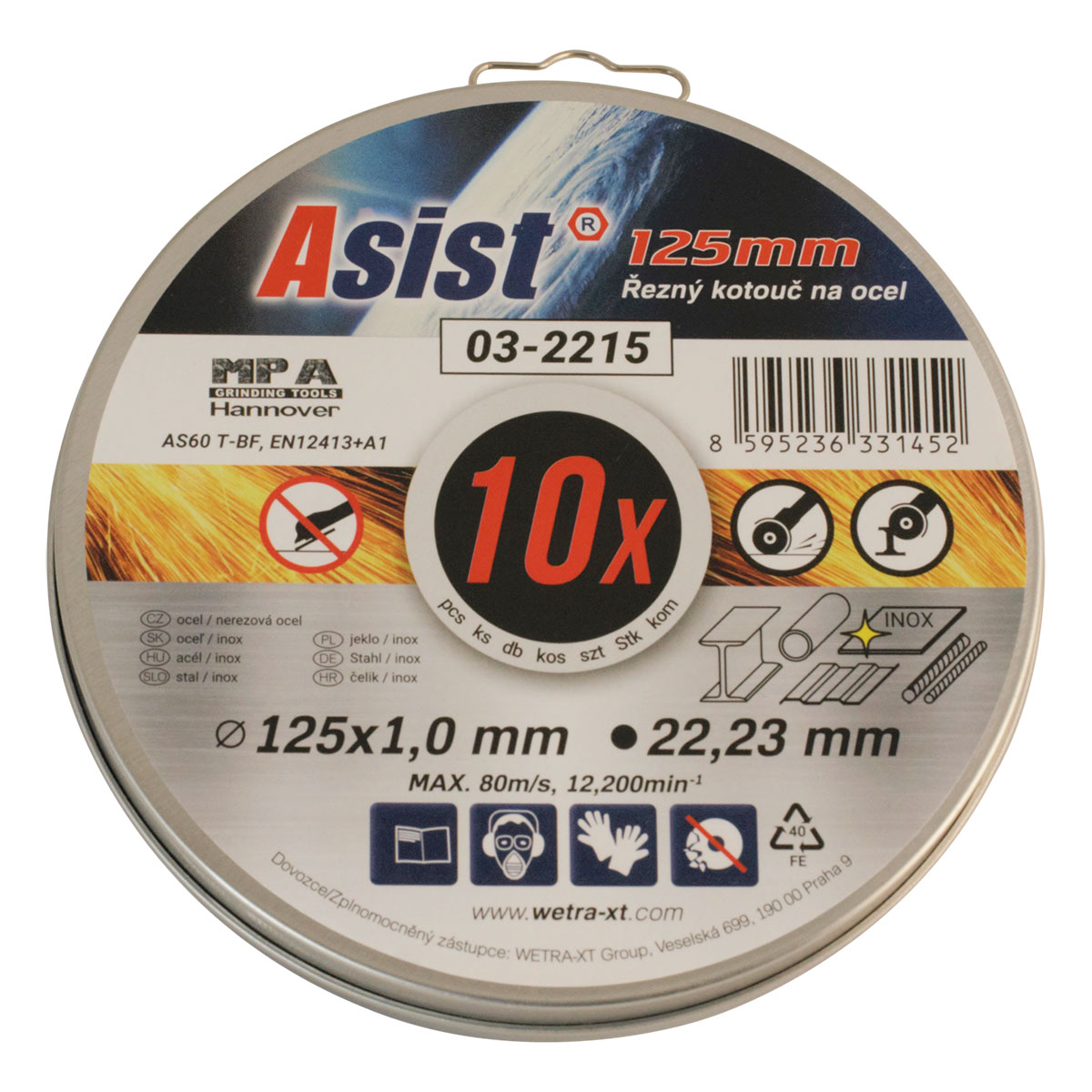 Sada řezných kotoučů ocel/INOX 125 x 1mm, 10ks v plechovém boxu ASIST 03-2215 0,38Kg GIGA Sklad 5 03-2215