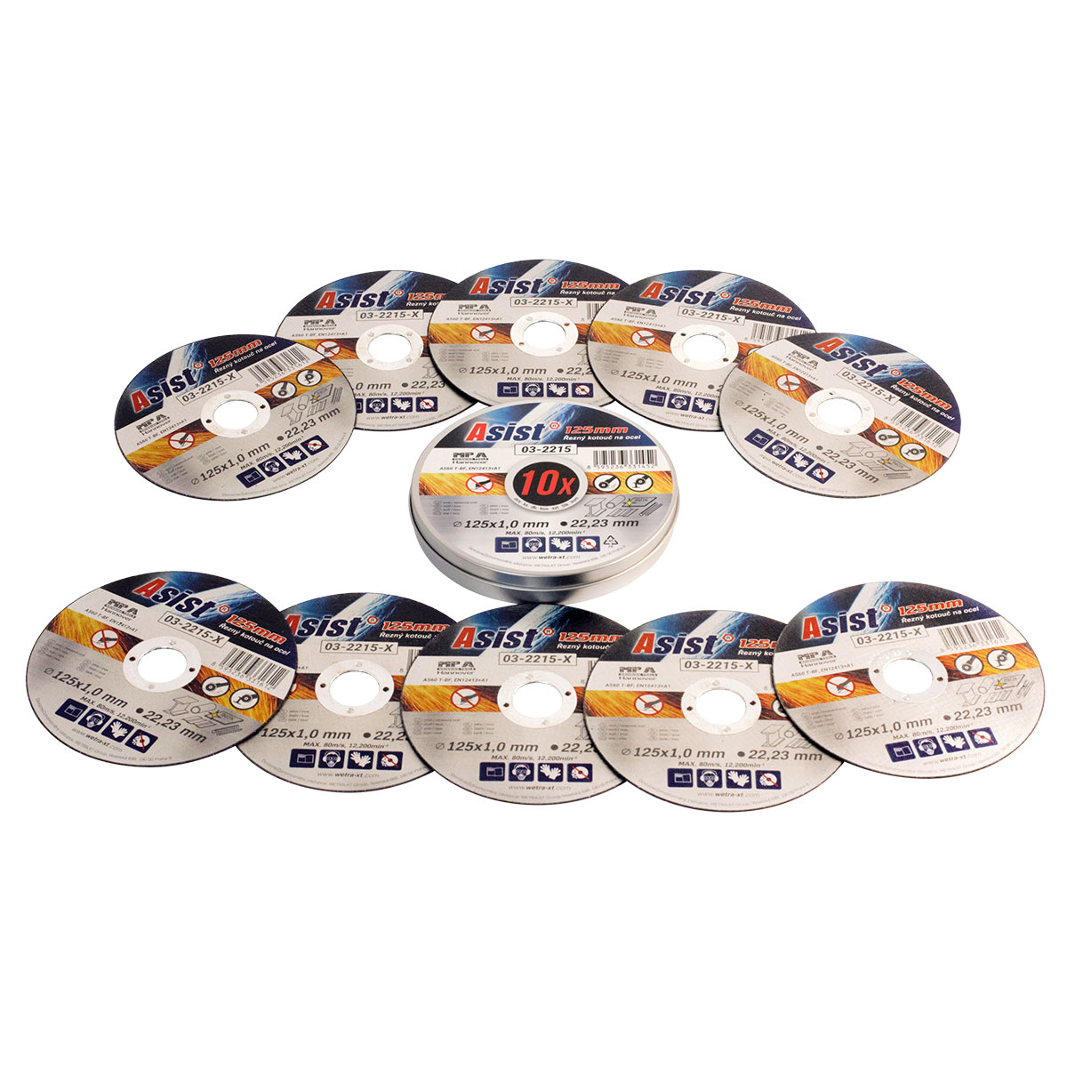 Sada řezných kotoučů ocel/INOX 125 x 1mm, 10ks v plechovém boxu ASIST 03-2215 0,38Kg GIGA Sklad 5 03-2215
