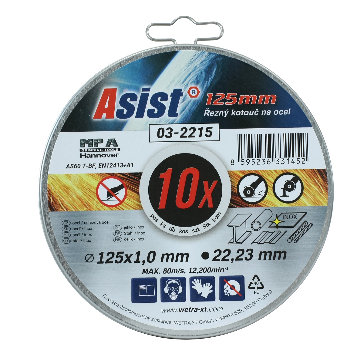 Sada řezných kotoučů ocel/INOX 125 x 1mm, 10ks v plechovém boxu ASIST 03-2215 0,38Kg GIGA Sklad 5 03-2215