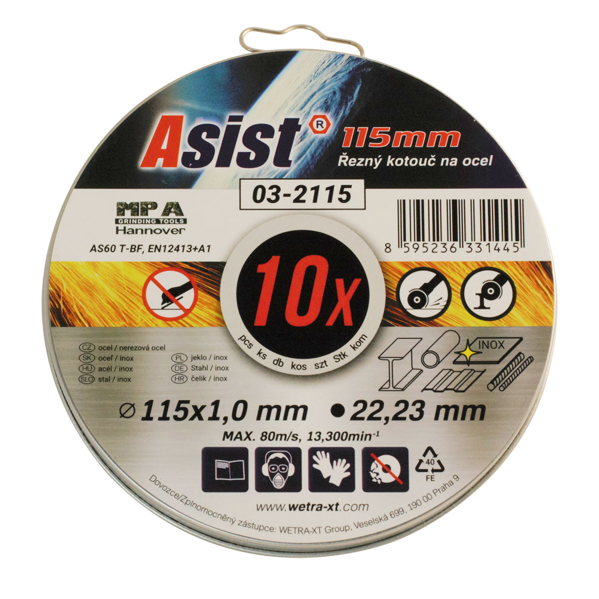 Sada řezných kotoučů ocel/INOX 115 x 1mm, 10ks v plechovém boxu ASIST 03-2115 0,33Kg GIGA Sklad 5 03-2115
