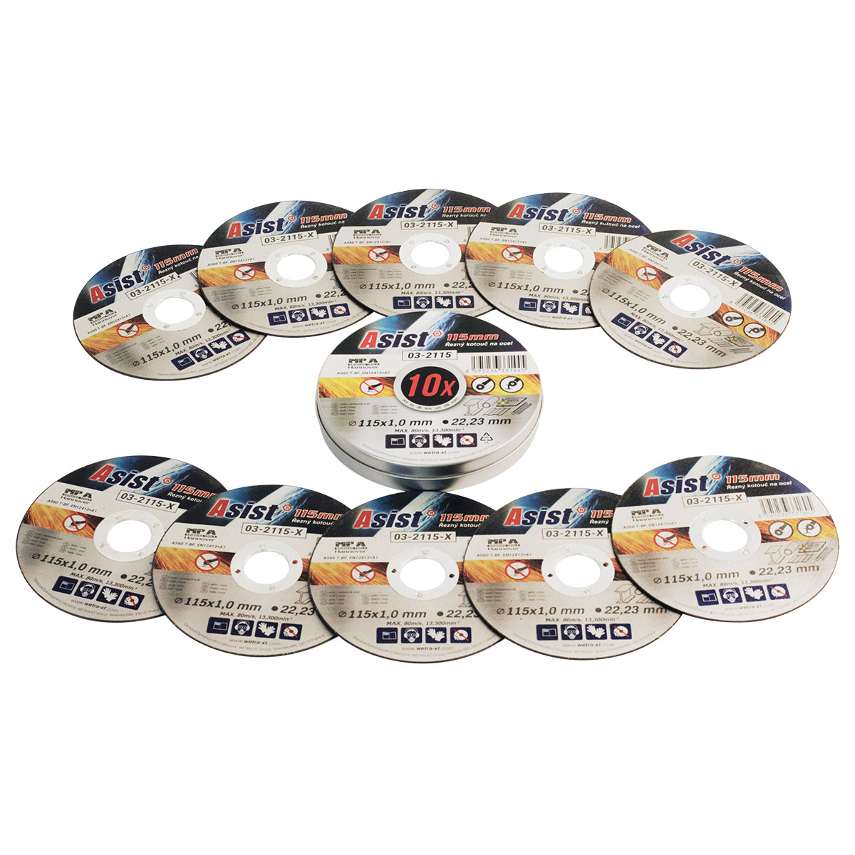 Sada řezných kotoučů ocel/INOX 115 x 1mm, 10ks v plechovém boxu ASIST 03-2115 0,33Kg GIGA Sklad 5 03-2115